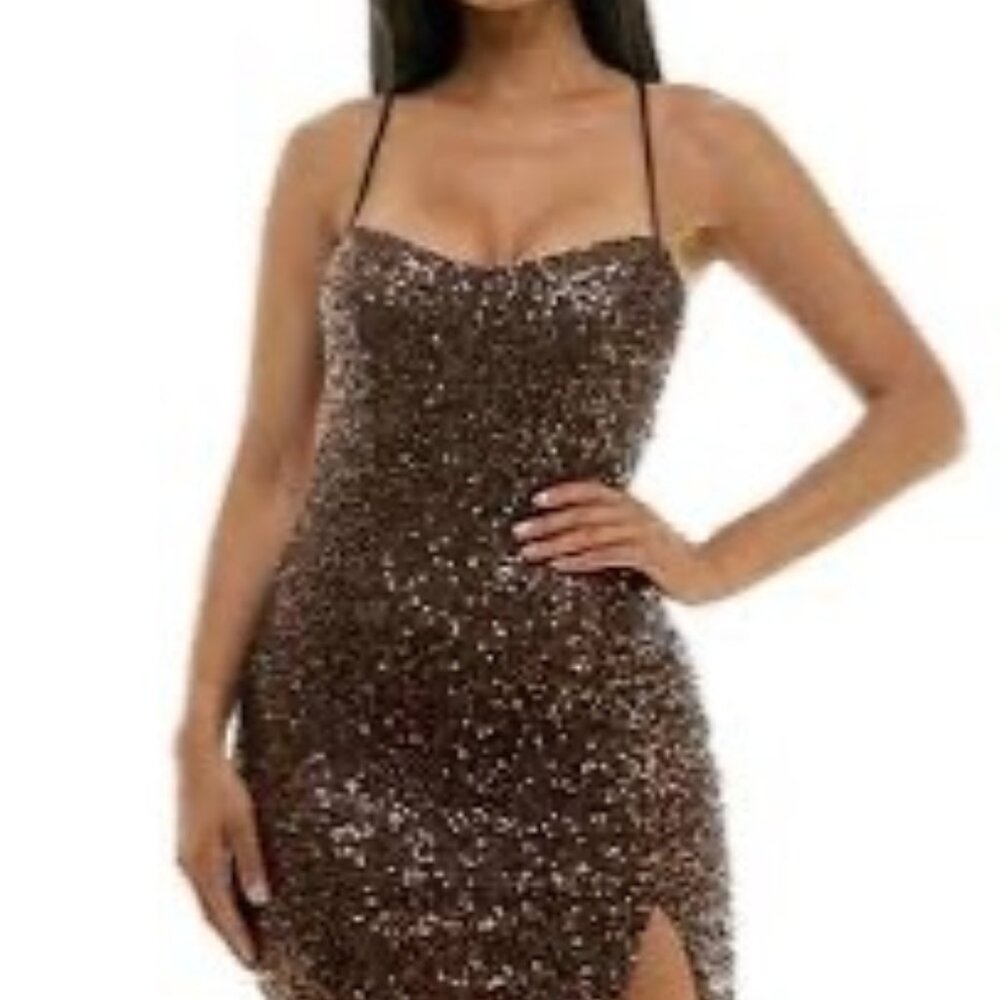 City Studio Brown Sequin Mini Dress With Slit & Adjustable Strappy Back Size